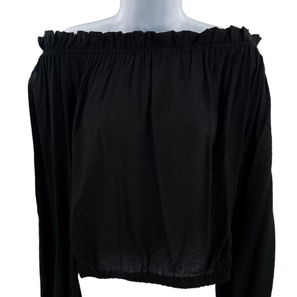 Arden B Off The Shoulder Long Sleeve Tie Ruffle Lace Black Top - Picture 4 of 10